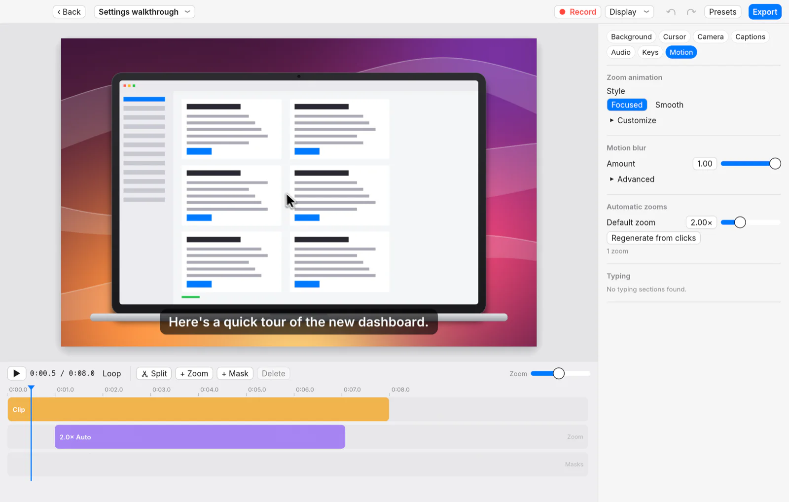Glide's editor in light mode: a recording in a laptop frame with a caption, and settings for zoom animation and motion blur.