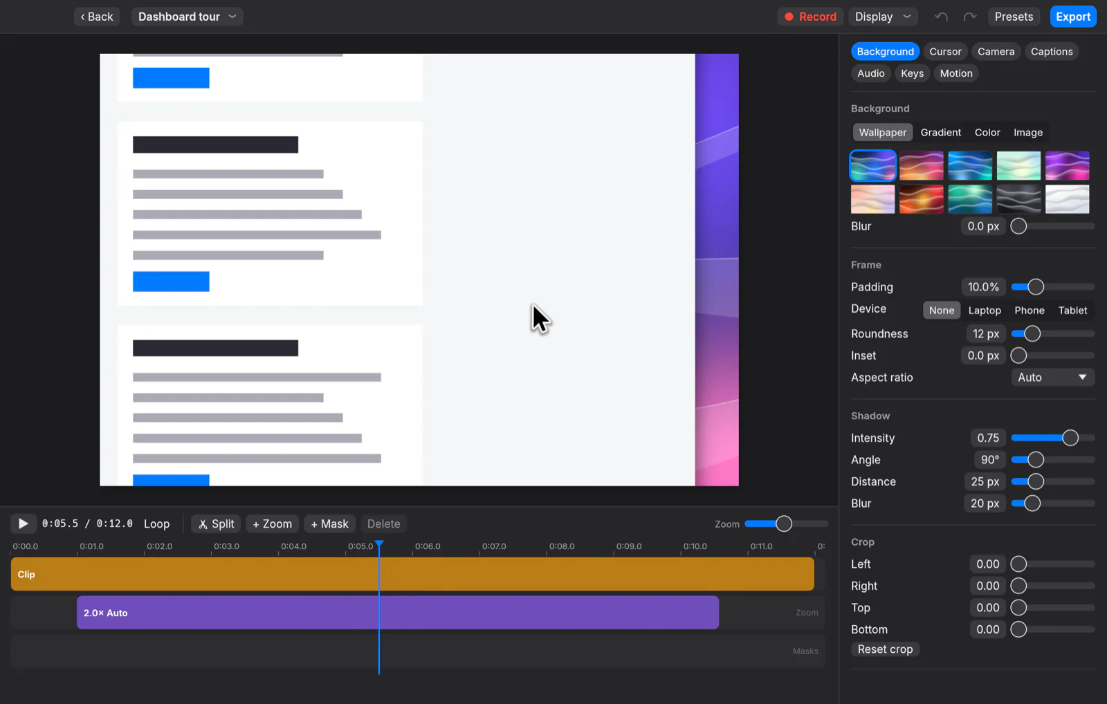 Glide's editor in dark mode: a recording on a wallpaper, a timeline with an automatic 2× zoom, and background, frame and shadow settings.